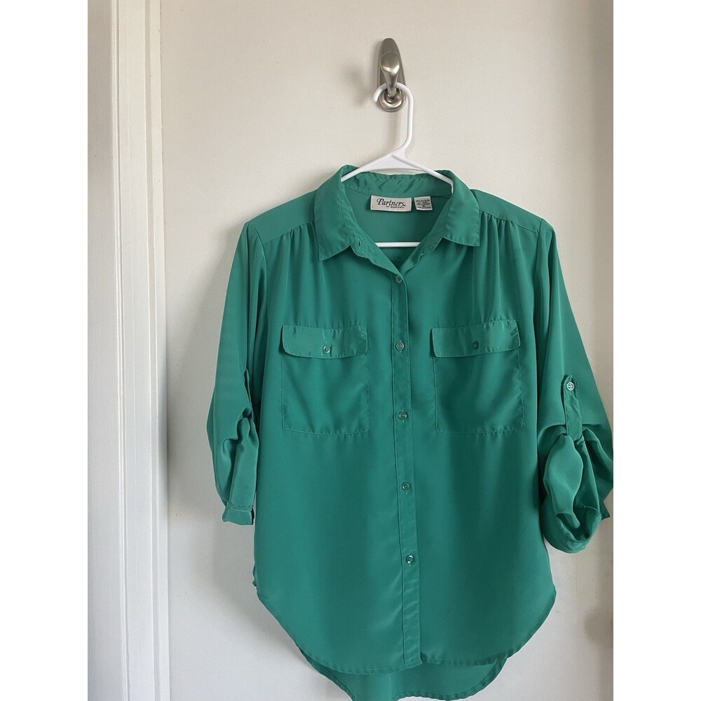 Partners by Mervyn's Women's Green 3/4 Sleeve Collared Button-Up Blouse B